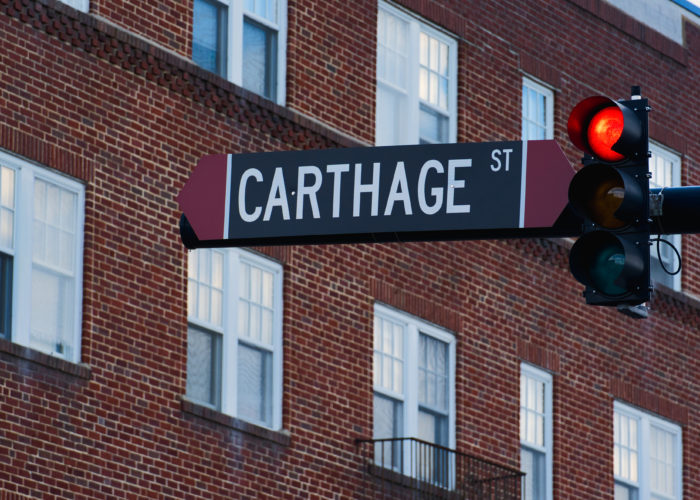 The Carthage Street street sign beside a red traffic light. Credit: Ahmod Goins